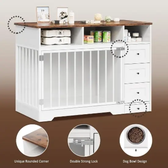 Acekool 48" Farmhouse Dog Crate - Kennel with Storage & Feeding Bowls ( image {3}