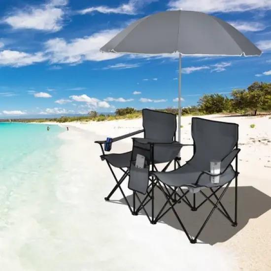 Portable Folding Picnic Double Chair W/Umbrella Table Cooler Beach Camping Turquoise\Black\Red\Gray image {2}