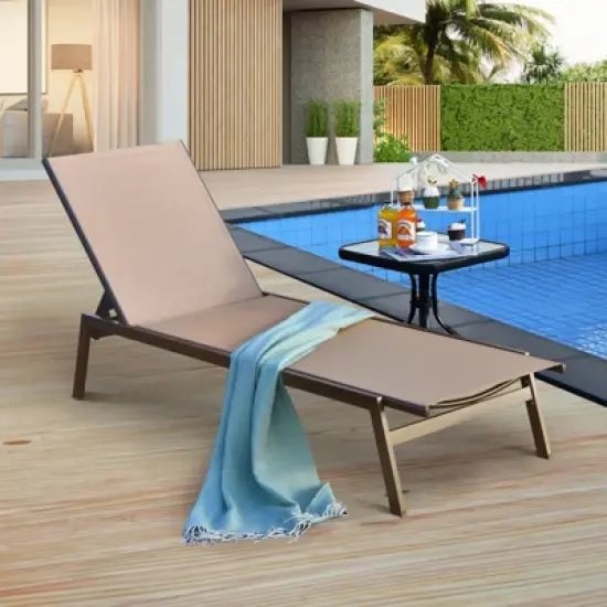 Tangkula Patio Chaise Lounger with 6-Postion Adjustable Backrest and Breathable Fabric Brown image {1}