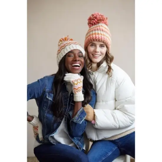 Shiraleah Veda Pink and Brown Stipe Knit Beanie with Pom image {1}