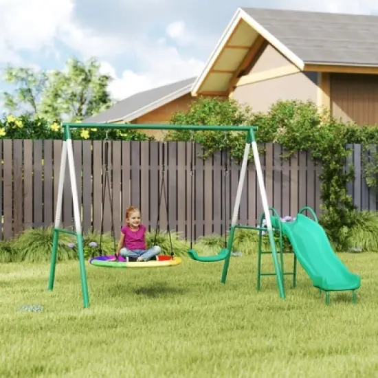Qaba Metal Swing Set with Slide, Heavy Duty Swing Set with Saucer Swing Seat, Heavy Duty A-Frame Metal Stand for Kids Ages 3-8, Dark Green image {5}
