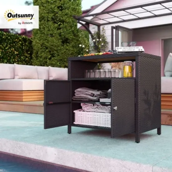 Outsunny Rattan Outdoor Storage Cabinet, Wicker Bar Table with Acacia Wood Countertop, Two Doors, Shelf, for Garden, Patio, Backyard image {1}