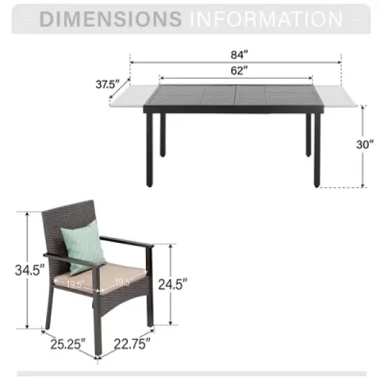 Captiva Designs 8pc Patio Rectangle Steel Dining Table & Rattan Chairs & Market Umbrella image {11}