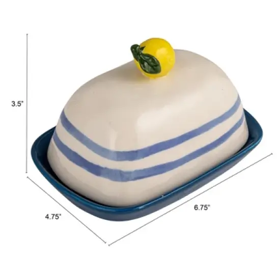 Storied Home Hand-Painted Stoneware Butter Dish with Lemon Shaped Handle and Stripes, Multicolor image {1}