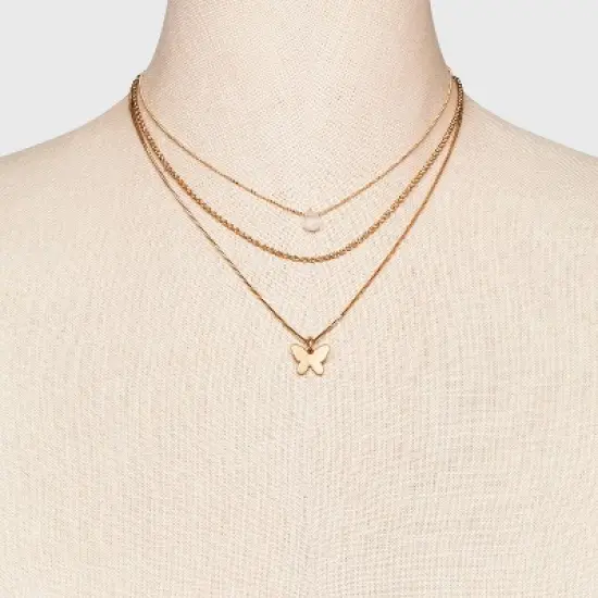 Ball and Snake Chain with Butterfly Charm Multi-Strand Necklace Set 3pc - Universal Thread&trade; Gold image {2}