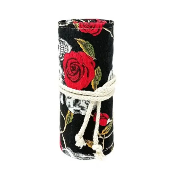 Wrapables Pencil Roll Organizer, Colored Pencil Wrap Pouch (72 slots), Skulls & Roses image {4}