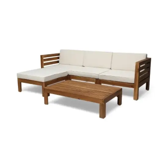 GDFStudio Cavendish Outdoor Acacia Wood 3 Seater Sofa Chat Set with Ottoman image {12}