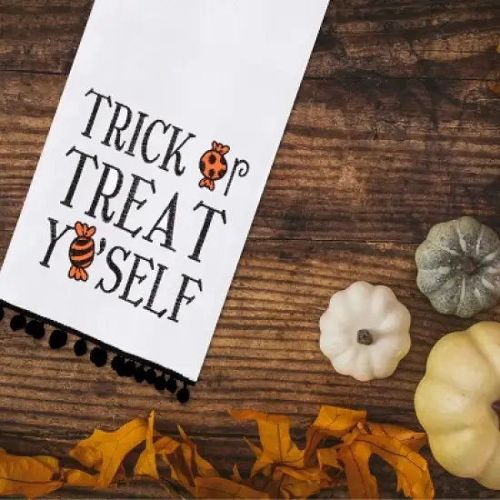 C&F Home Treat Yo'self Halloween Embroidered Cotton Flour Sack Kitchen Towel With Pom Poms Decor Decoration Decor image {1}