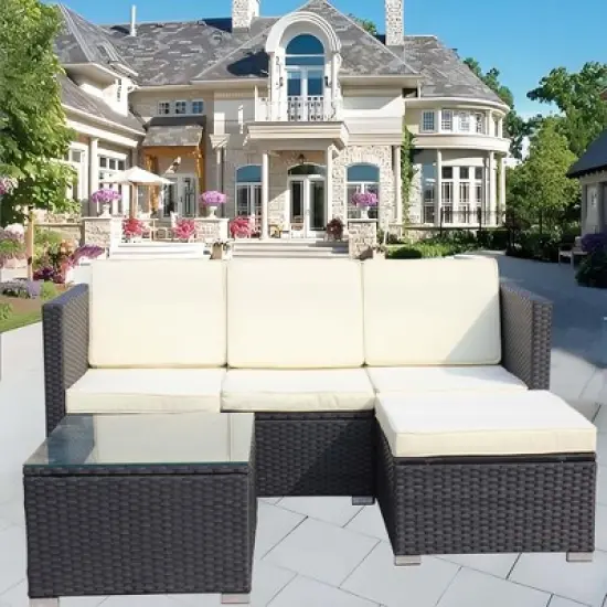 FIONECA 5-Piece Outdoor Patio Furniture Set, PE Rattan Wicker Sofa Set with Beige Cushions & Coffee Table for Garden/Backyard image {1}