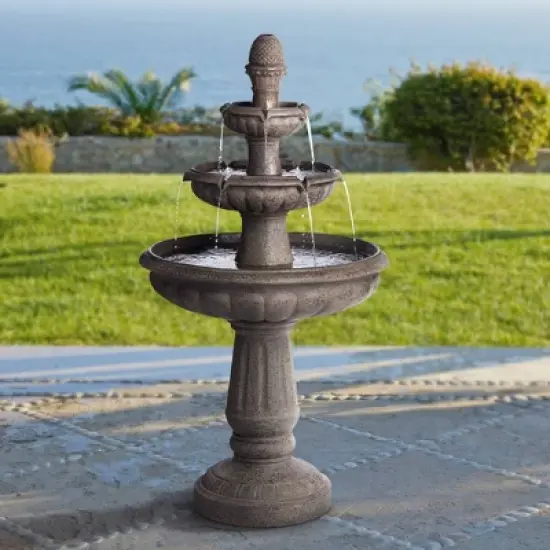 John Timberland Italian Style 3 Tier Outdoor Floor Water Fountain with Light LED 43" High Gray Faux Stone Garden Patio Backyard image {1}