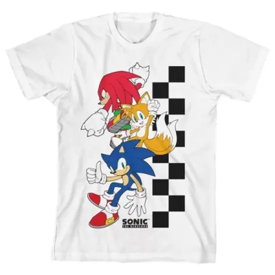 Checkered Sonic The Hedgehog, Tails and Knuckles Youth Boy's White T-Shirt image {1}