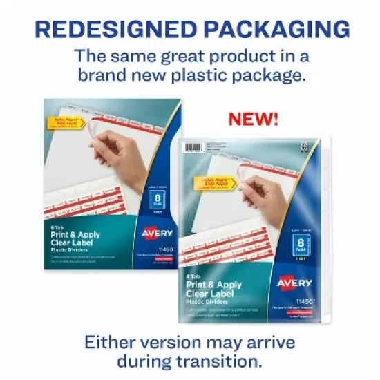 Avery 8 Tab Plastic Dividers for 3 Ring Binder, Easy Print & Apply Clear Label Strip, Index Maker Customizable Frosted White Tabs, 1 Set (11450) image {1}