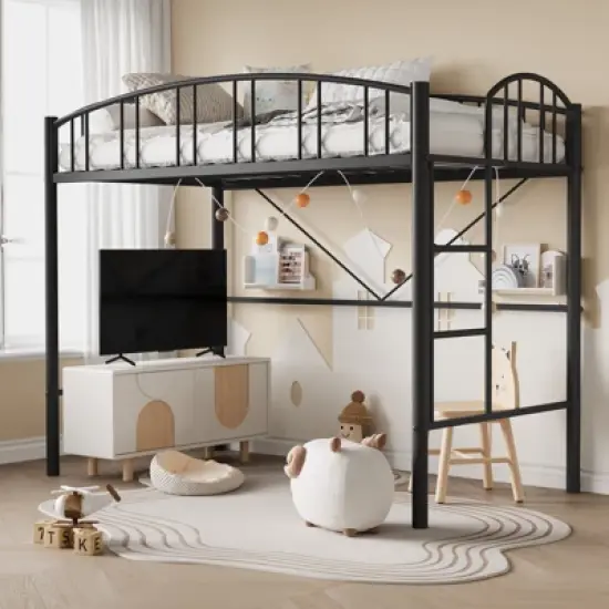 Garvee Loft Bed Twin Size, Heavy Duty Metal Loft Bed Frame with Arched Guardrail and Safety Ladder, Space-Saving, No Box Spring Needed, Black image {2}