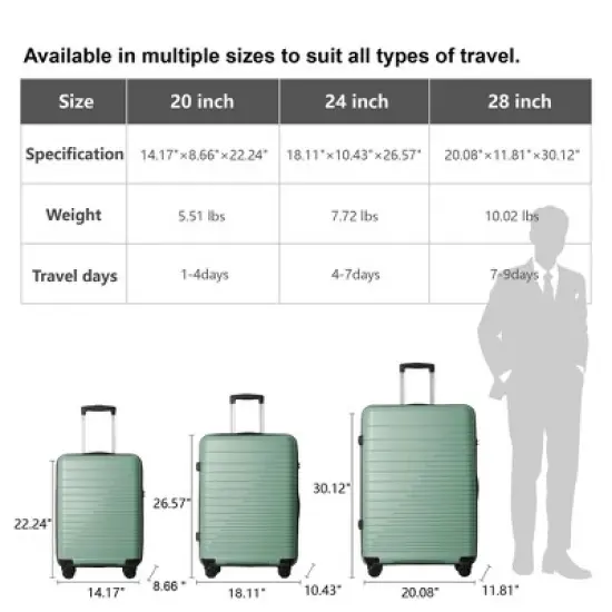 MAYEERTY 3 Piece Lightweight Luggage Set, PP Hardshell Carry on Suitcase with Spinner Wheels & TSA Lock, Green - 20"/24"/28" image {1}