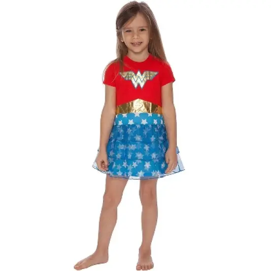 DC Comics Girls Wonder Woman Gold Foil Logo 3 Tiered Costume Pajama Nightgown Multicolored image {4}