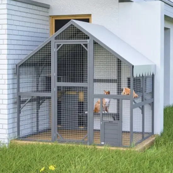 Outdoor Wooden Cat House with Metal Mesh, Waterproof Roof, Catio Enclosure & Cat Run for Patio or Backyard &ndash; The Pop Home image {9}