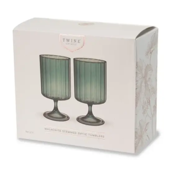 Twine Malachite Stemmed Optic Goblet Tumblers, Vintage Ribbed Drinking Glasses for Cocktails, Wine, Juice, Iced Coffee, 12 oz, Set of 2, Green image {5}