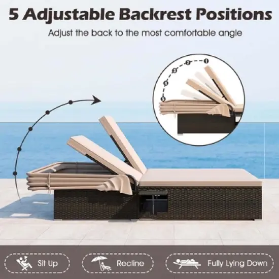 Costway 2-person Rattan Lounge Bed with Retractable Canopy 5-position Adjustable Backrest image {7}