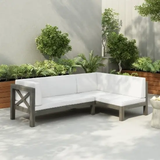 Christopher Knight Home Lyra Outdoor Acacia Wood 4 Seater 88.5" Sectional Sofa with Cushions image {10}