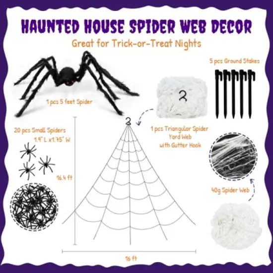 Wrapables 16ft Giant Triangular Spider Web Kit with Cobwebs and 5ft Large Spider + 20 Small Spiders, Indoor Outdoor Haunted House Halloween Decor image {1}