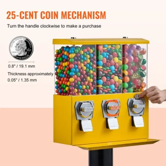 VEVOR Commercial Vending Machine, Triple Compartment Candy Dispenser with Iron Stand, Gumball and Candy Machine for Business, Yellow image {4}