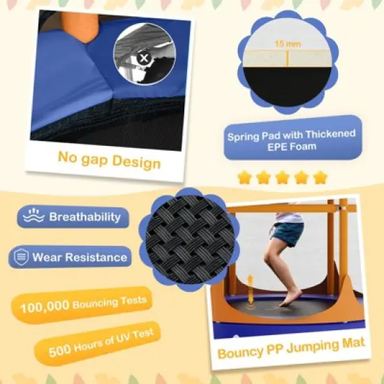 Costway 64'' Kids Trampoline w/ Detachable Canopy Safety Enclosure Net Foam Handle Pink/Orange image {6}