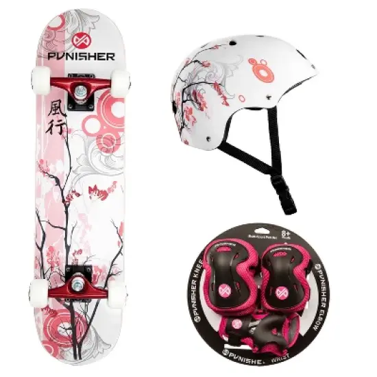 Punisher Cherry Blossom Skateboard, Helmet and Padset Bundle image {1}