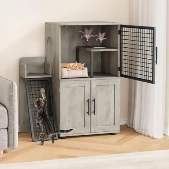 ODK Modern Cat Litter Box Enclosure with Platform, Double Layer Hidden Litter Box, Indoor Washroom, Villa Cat House with Ladder image {4}