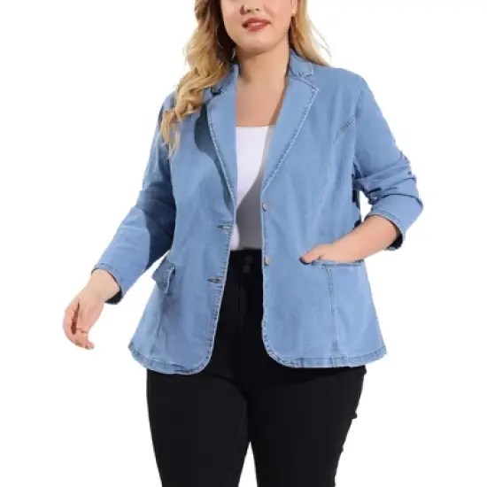 Agnes Orinda Women's Plus Size Denim Notched Lapel Color Block Stretch Blazer image {7}