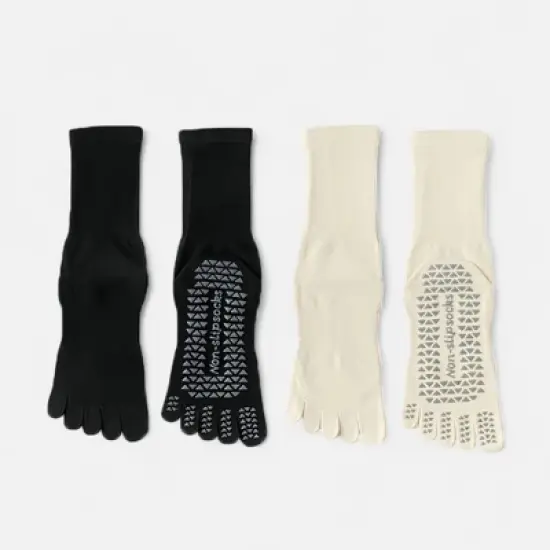 Anna-Kaci Women's 2-Pack Grip Toe Socks with Non-Slip Soles and Ribbed Knit in Neutral Tones for Yoga and Studio Classes image {5}