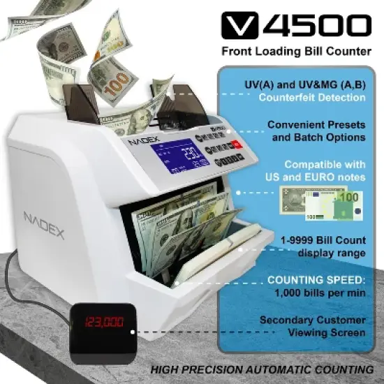 Nadex Coins&trade; V4500 Front-Loading Bill Counting Machine in White image {3}