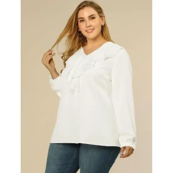 Agnes Orinda Women's Plus Size Work Fashion V Neck Chiffon Ruffle Top image {3}