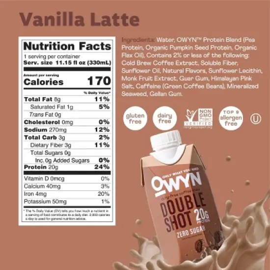 OWYN Double Shot Coffee Protein Shake with Caffeine - Vanilla Latte - 44.6 fl oz/4pk image {5}