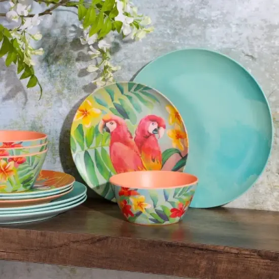 Laurie Gates Tropical Parrots 12 Piece Melamine Dinnerware Set in Assorted Designs image {4}