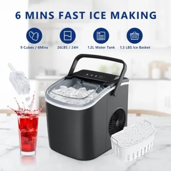 Simzlife Ice Maker Countertop, 26 Lbs/24H, Bullet Ice, 9 Pcs/6 Min, Portable Machine with Handle, Auto-Cleaning, Ultra Quiet, Smart Operation, Black image {1}