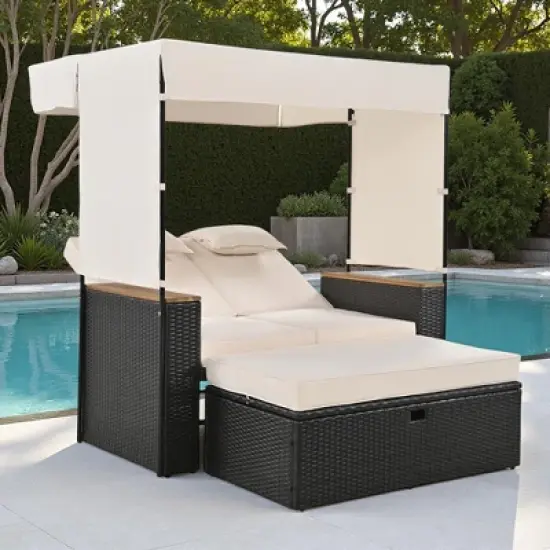 2-Piece Outdoor Patio Rattan Canopy Daybed Sunbed with 5 Positions Adjustable Backrest and Storage Bench image {16}