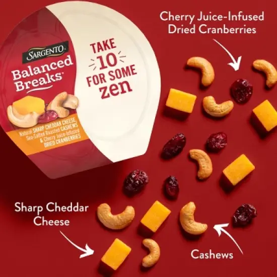 Sargento Balanced Breaks Natural Sharp Cheddar, Sea-Salted Cashews & Cherry Juice-Infused Dried Cranberries - 4.5oz/3ct image {2}