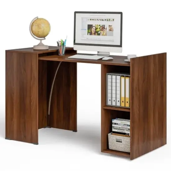 Costway Extendable Computer Desk Reversible Study Writing Desk w/ Mobile Shelves Natural/Brown image {10}