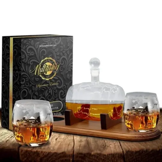 NutriChef Glass Glasses-750ml Barrel Whiskey Carafe Alcohol Set, Liquor Decanter w/Stopper & Base, Large, Brown image {8}