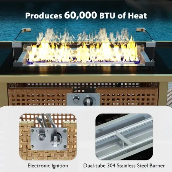 43" Rectangular Outdoor Propane Fire Pit Table, 60,000 BTU, Open-Weave Resin Wicker with Glass Guard for Patio and Backyard image {4}