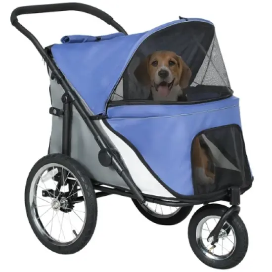 PawHut Dog Stroller, 3 Wheels Pet Stroller w/ One-Hand Fold, Rubber Wheels, Storage Bag, Soft Cushion, Safety Leash, for S & M Dogs, Blue image {6}
