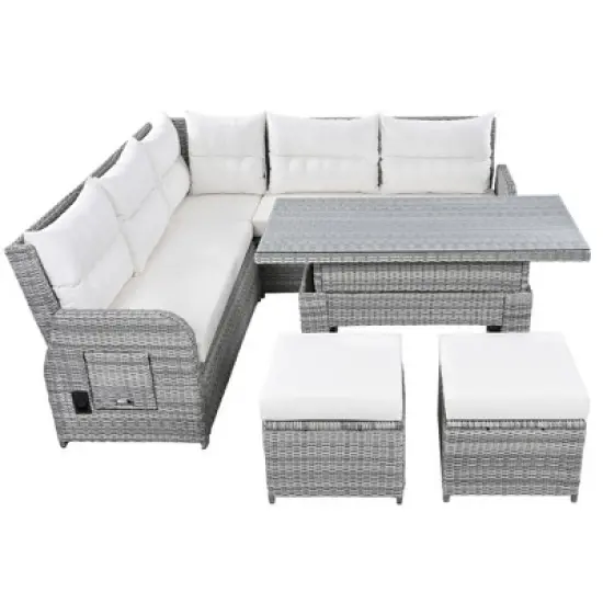 Outdoor Patio Rattan Sectional Sofa Set with Adjustable Height Table and 2 Reclining Seat, Extendable Side Tables image {12}
