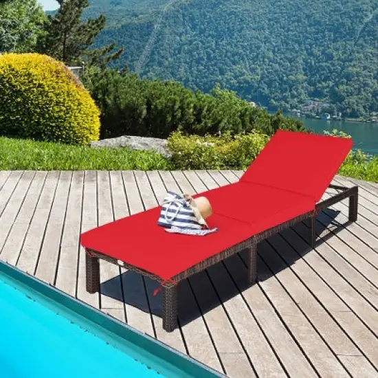 Tangkula Outdoor Rattan Chaise Lounge Chair Adjustable Backrest Recliner with Red Cushions image {2}