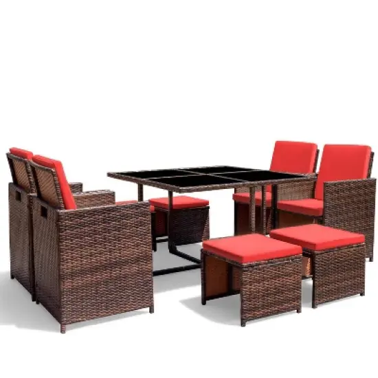 9pc Outdoor Conversation Set with Tempered Glass Table, Cushioned Chairs & Ottomans - Devoko image {9}