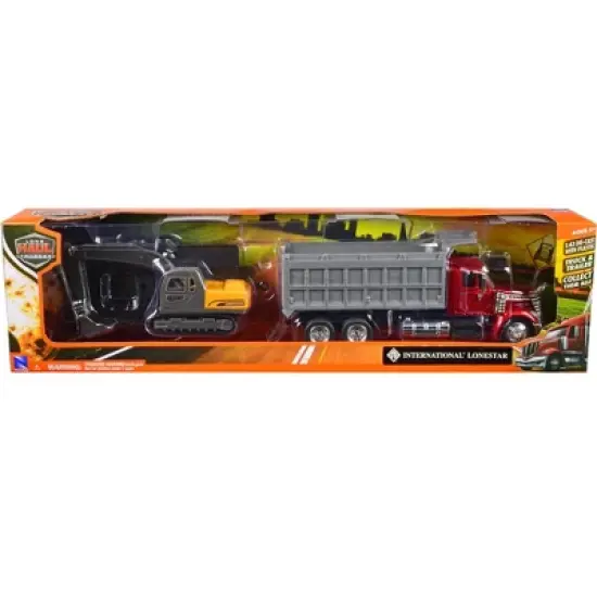 International Lonestar Dump Truck Red and Tracked Excavator Yellow w/Flatbed Trailer 1/43 Diecast Model by New Ray image {2}