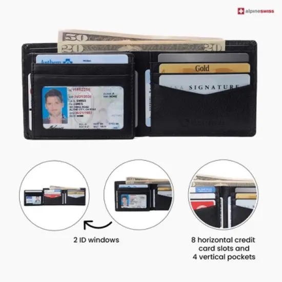 Alpine Swiss RFID Protected Mens Spencer Leather Wallet Bifold 2 ID Windows Divided Bill Section Comes in Gift Box image {3}