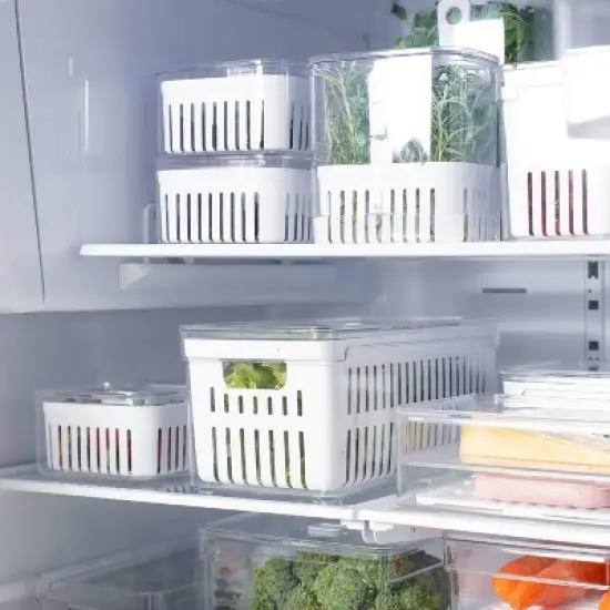 OU Fridge Organizer Bin with Drain Basket & Vented Lid, Clear Stackable Refrigerator Storage Container, Produce Kitchen Storage Bin, BPA Free, 4 Pack image {5}