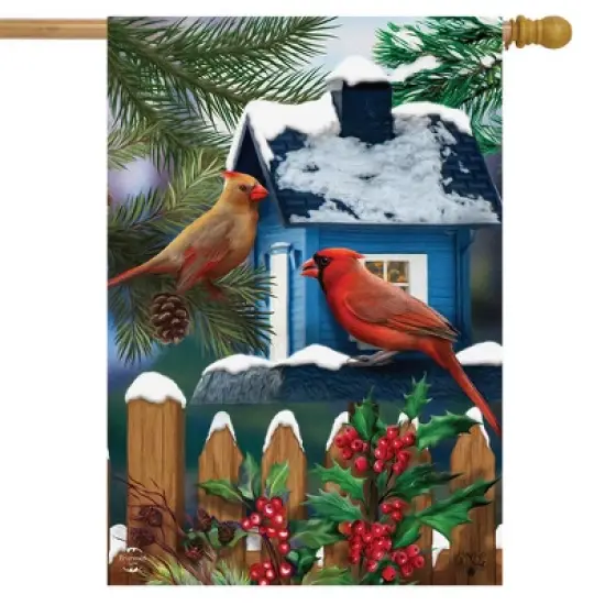 Snow Day Cardinals Winter House Flag Birdhouse Berries 28" x 40" Briarwood Lane image {1}
