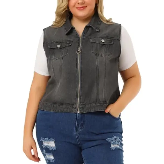 Agnes Orinda Women's Plus Size Trucker Zipper Front Sleeveless Denim Jacket Vests image {9}