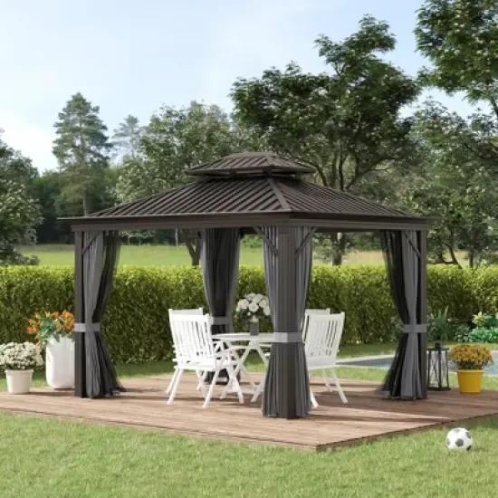 Outsunny Patio Gazebo 10' x 12', Netting & Curtains, 2 Tier Double Vented Steel Roof, Hardtop, Ceiling Hooks, Rust Proof Aluminum, Gray image {1}
